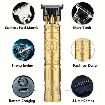 Rechargeable Men's Hair Trimmer Gold Stainless Steel 4 Combs