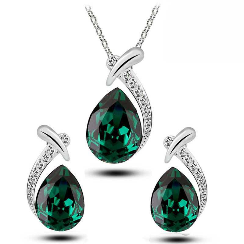Blue Crystal Water Drop Necklace & Earrings Set