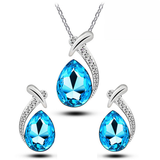 Blue Crystal Water Drop Necklace & Earrings Set