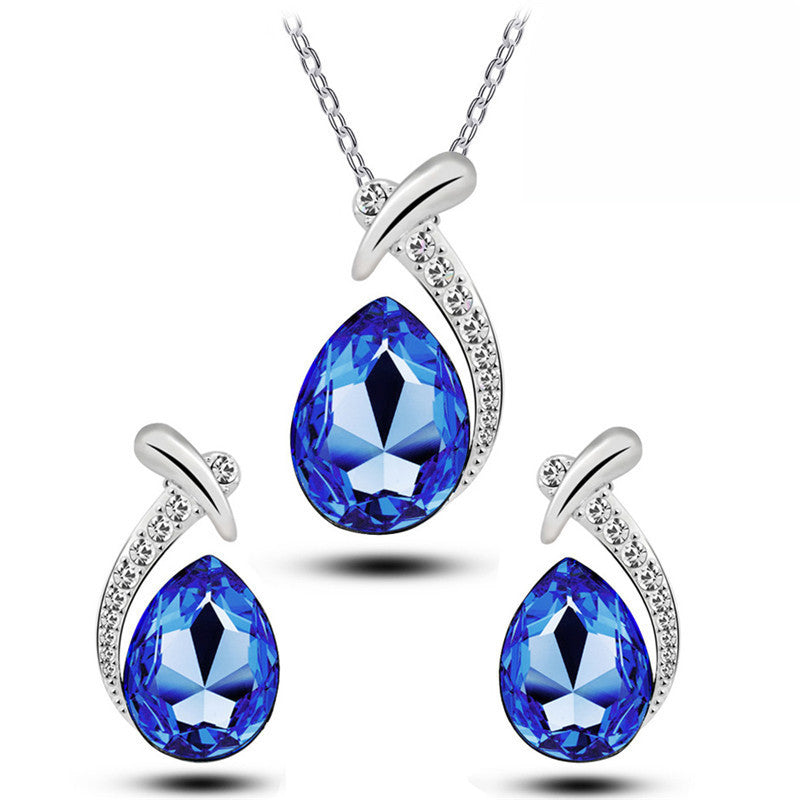 Blue Crystal Water Drop Necklace & Earrings Set