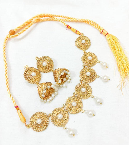 Gold Plated Pearl Choker & Earrings Set for Bridal Partywear