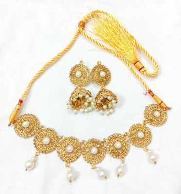 Gold Plated Pearl Choker & Earrings Set for Bridal Partywear