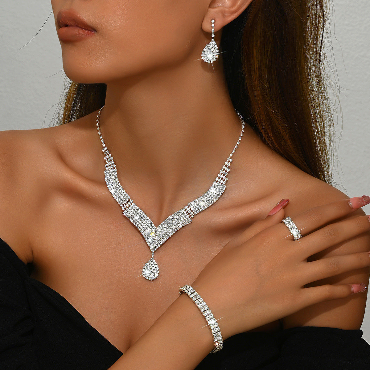 Premium Crystal V-Neck Bridal Set Necklace Earrings