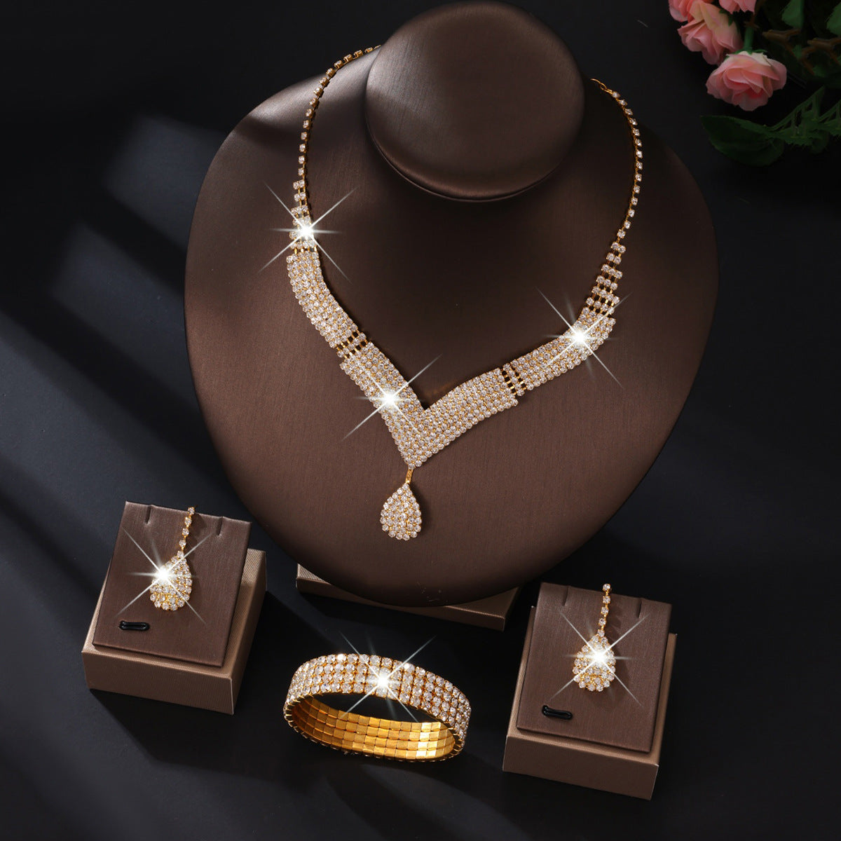Premium Crystal V-Neck Bridal Set Necklace Earrings