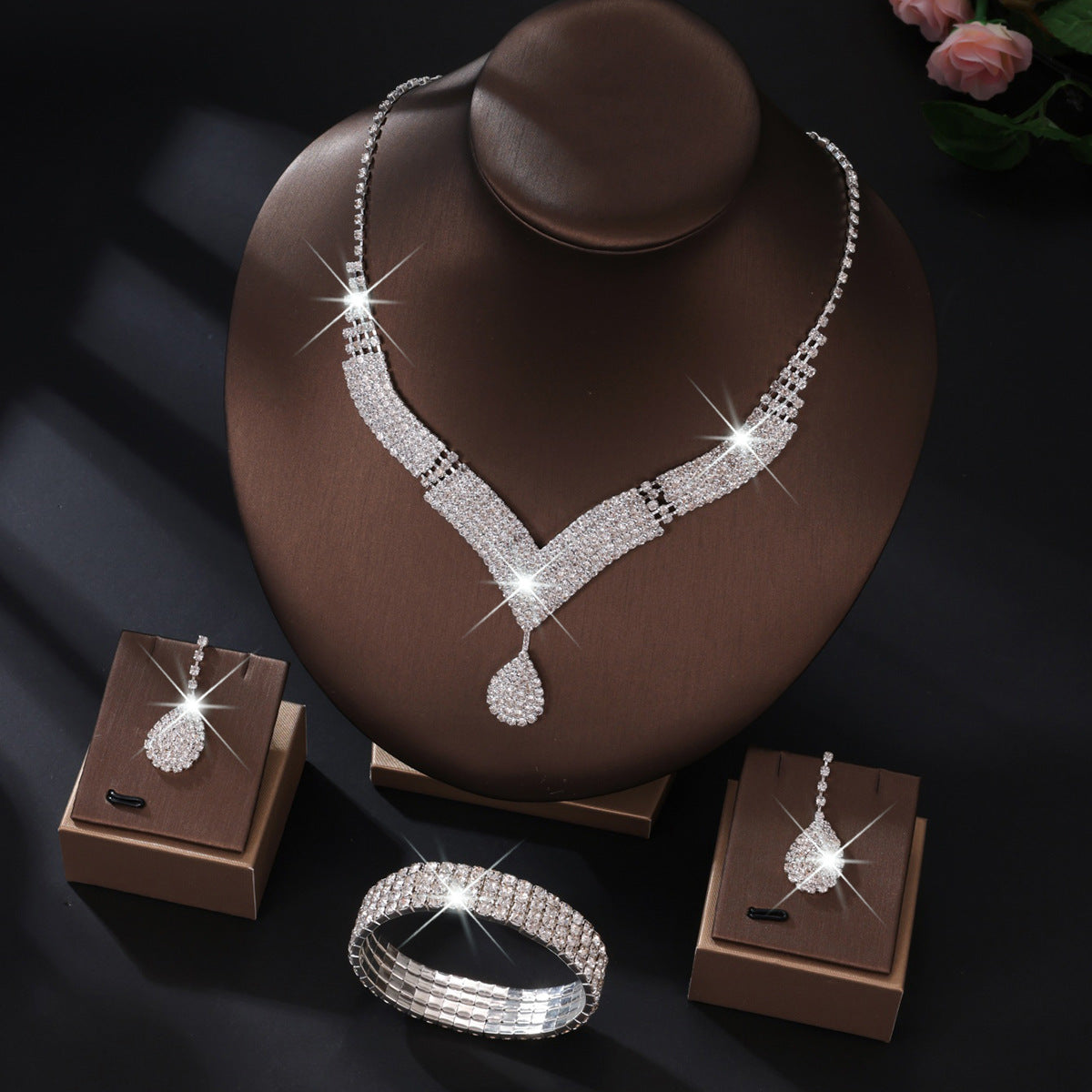 Premium Crystal V-Neck Bridal Set Necklace Earrings