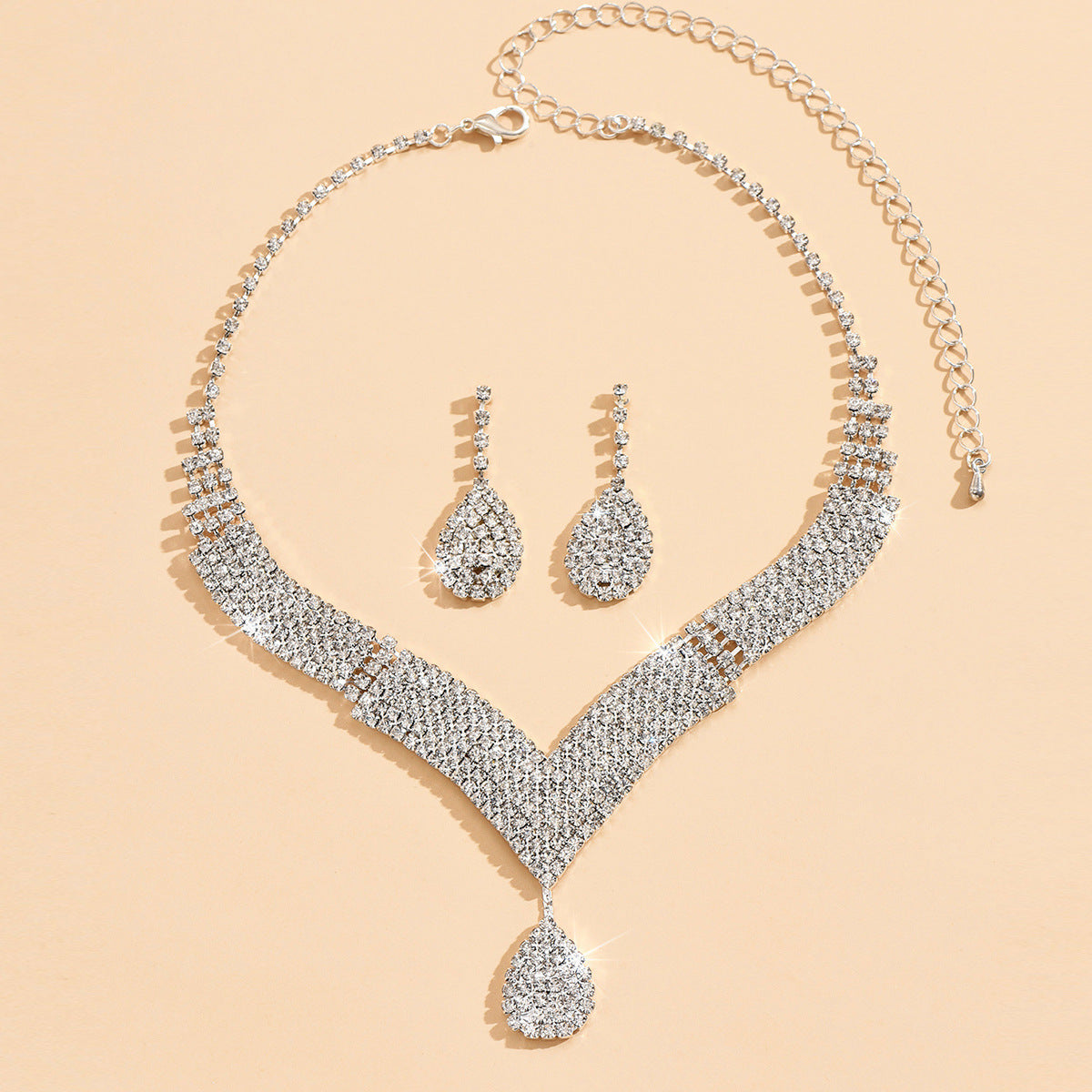 Premium Crystal V-Neck Bridal Set Necklace Earrings