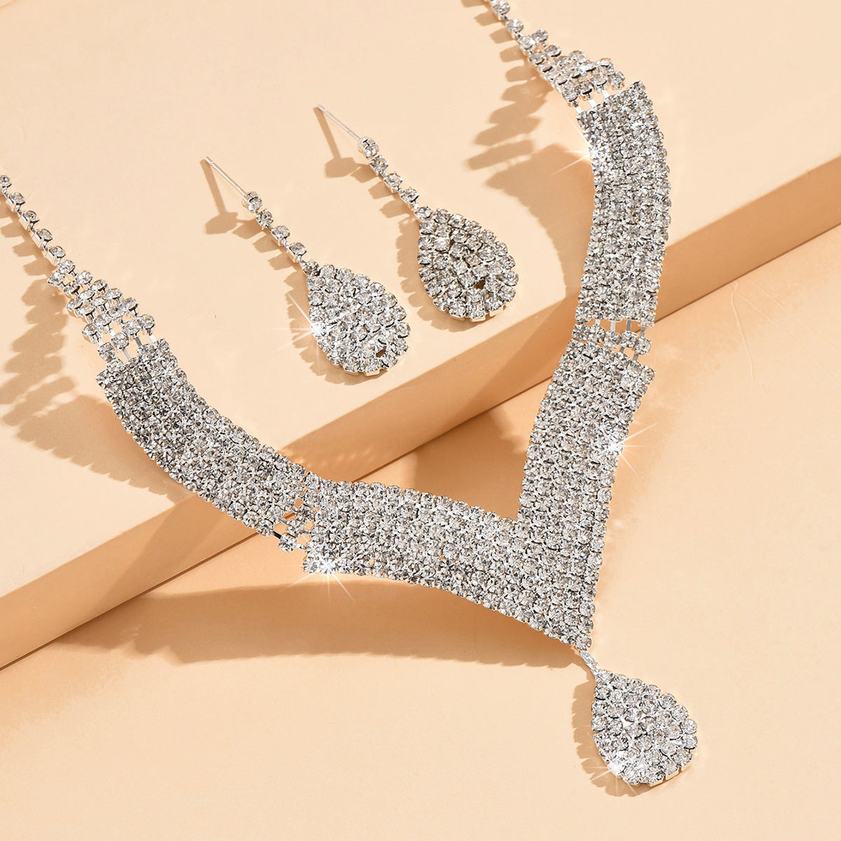Premium Crystal V-Neck Bridal Set Necklace Earrings